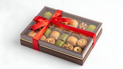 Baklava box with ribbon tie and transparent lid, isolated, containing assorted pastries and sweets in a decorative box