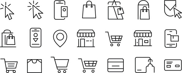 Ecommerce shopping line icon set, with cart store mobile payment location cursor bag symbols flat vector illustration isolated background © PARUL