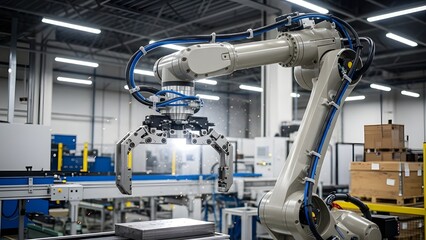 Robotic arm working on a production line in a modern automated smart factory setting