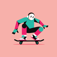 Fototapeta premium Dynamic flat design illustration of a stylish skater with headphones performing a trick on a vibrant pink background