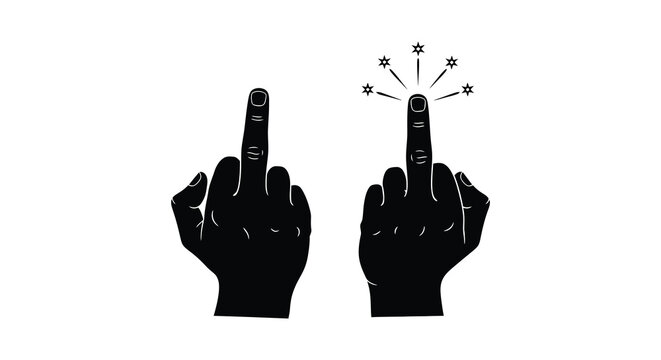 Two hands displaying the middle finger gesture with sparkling effects above a striking silhouette