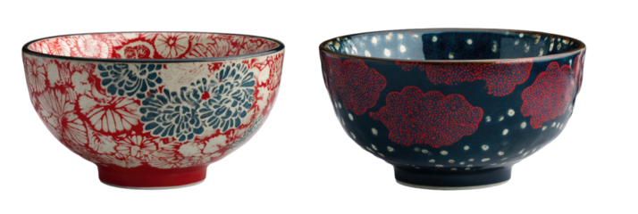 Two ceramic bowls with floral patterns in red and blue, with black borders and dark backgrounds