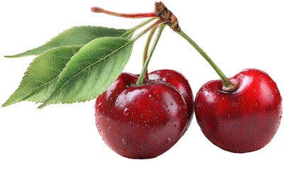 Two ripe, glistening cherries attached to a stem with green leaves against a transparent background