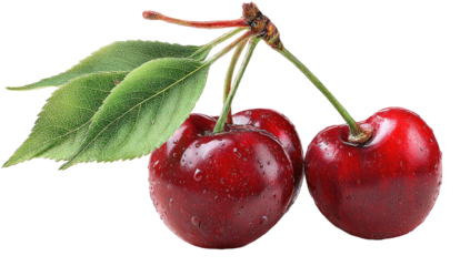 Two ripe, glistening cherries attached to a stem with green leaves against a transparent background