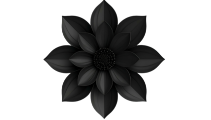 Close-up of a symmetrical black flower with layered petals, centered on a black background
