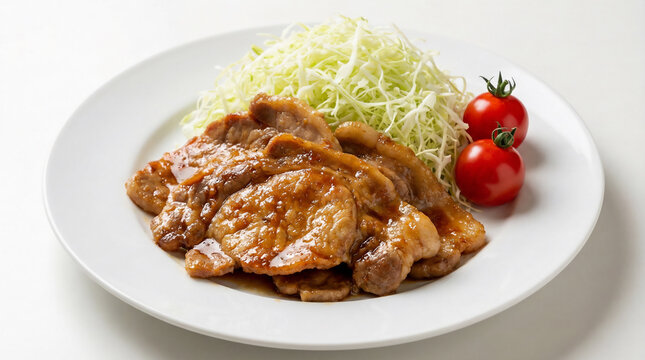白い皿に盛り付けられた、日本の定番家庭料理、豚肉の生姜焼き