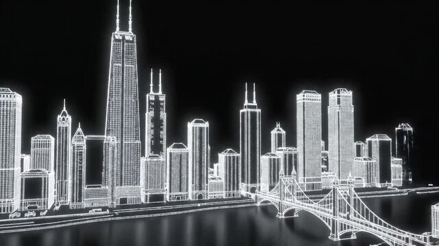 Stylized glowing white outlines of a large city skyline and bridge against black