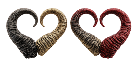 Artistic depiction of four animal horns arranged in heart shape against black