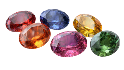 Collection of assorted colorful oval-cut gemstones with brilliant facets on a black background