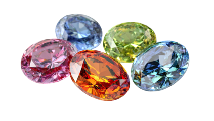 Close-up view of five polished, oval gemstones, each with vibrant and distinct colors