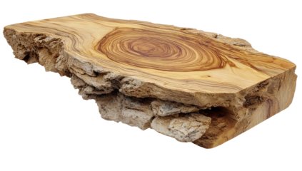 Isolated, thick wooden shelf slice, featuring a natural edge and captivating wood grain detail