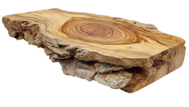 Isolated, thick wooden shelf slice, featuring a natural edge and captivating wood grain detail