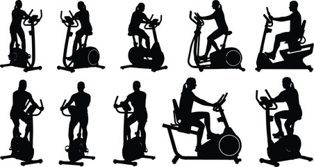 Silhouettes of People Exercising on Stationary Bikes and Elliptical Trainers, Including Men and Women, in a Set of Ten Vector Icons Isolated on White.