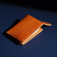 Brown leather wallet on dark blue surface with card slots visible
