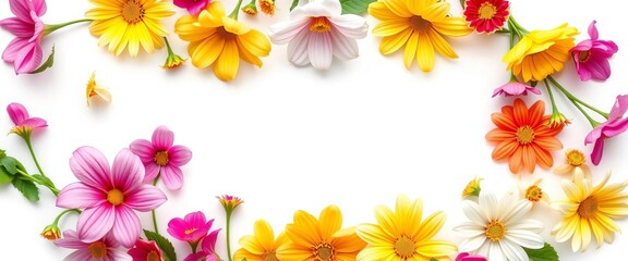 Vibrant floral frame, blossoms arranged in a circle on pure white ,  colorful flowers,  arrangement