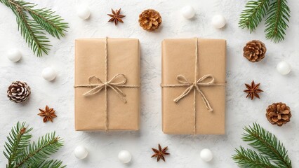 Two rustic christmas gifts with pine and spice