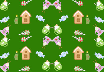 Chistmas house and flowers pattern 