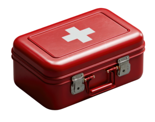 A vibrant, angled view of a closed, shiny red medical box, featuring a white cross
