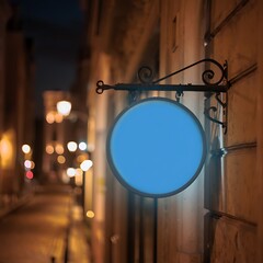 Blank blue sign on a black wrought iron bracket outside a building at night