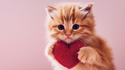 Naklejka premium Adorable orange kitten holding a red heart