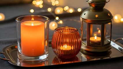 Warm glowing candles and a decorative lantern creating a cozy ambient light display