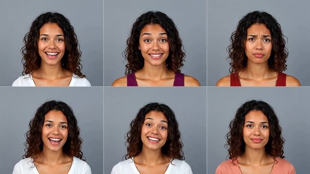 Diverse woman's expressive face collage showcasing various emotions and reactions on grey background.