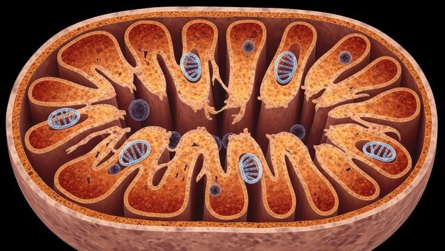 Mitochondrion cross section showing internal structure with cristae and ribosomes. Biology education and cell energy organelle diagram for science study.