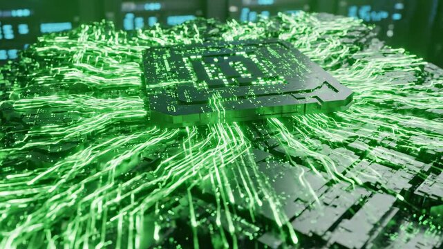 Complex geometric digital processor core constantly pulsating with bright green light streams illustrating high technology computation light, loop, green