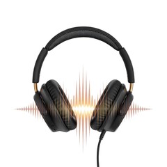 Black headphones with gold accents on a white background with sound wave graphic