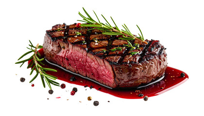 A succulent grilled venison steak with a red wine and juniper reduction, isolated on white background for a gour