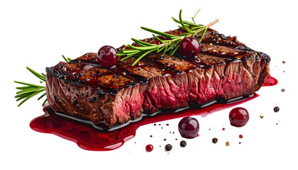 A succulent grilled venison steak with a red wine and juniper reduction, isolated on white background for a gour Png4