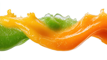 Vibrant orange and green liquid splashes intertwining in a dynamic fluid motion. Abstract swirls of bright orange and green liquids create a visually striking and energetic composition.