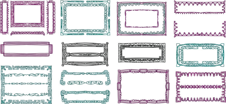 Collection of ornate hand drawn decorative frames and borders various shapes