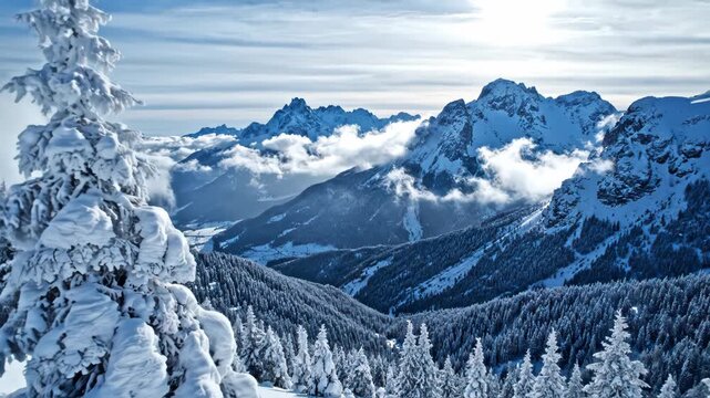 Breathtaking view of snowcovered alpine peaks partially hidden by lowhanging clouds, with frosted evergreen trees framing the foreground under a bright winter sky