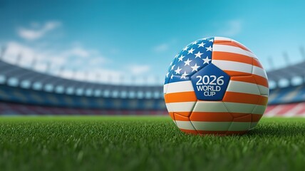 Soccer Football World Cup 2026 Stadium Promotional Image with American Flag Design and Grass Field Background for Event Marketing and Advertising