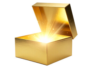 Golden Gift Box with Floating Magical Particles, Angled Perspective, Isolated 