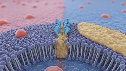 Close up view of a cell membrane with lipid bilayer and protein channel. Biological structure for science, education and research. Molecular model concept.