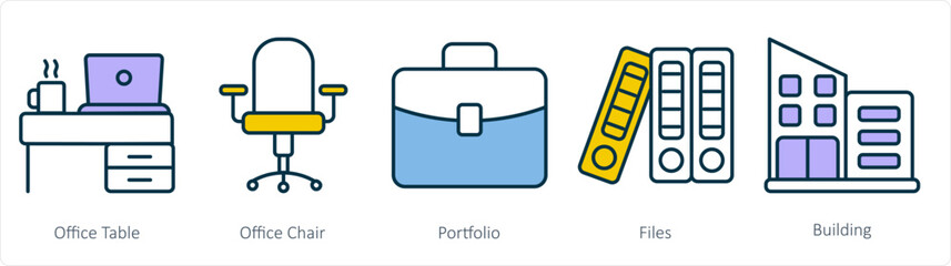 Obraz premium A set of 5 business icons as office table, office chair, portfolio