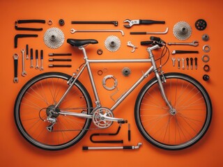 Bicycle and bicycle parts isolated on orange background with tools and accessories