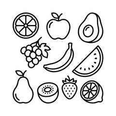 A colorful cartoon illustration of assorted fruits and vegetables, including apples, bananas, strawberries, grapes, oranges, watermelon, and other fresh healthy fruits