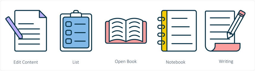 A set of 5 business icons as edit content, list, open book