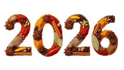 Spices form the numbers 2026 on a black background isolated on transparent background