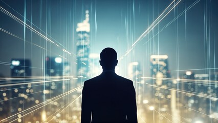 Silhouette of a businessman standing against a futuristic city skyline, illuminated by bright lights and digital elements, representing investment opportunities and stock market growth