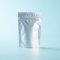 Shiny silver resealable pouch on light blue background for product packaging