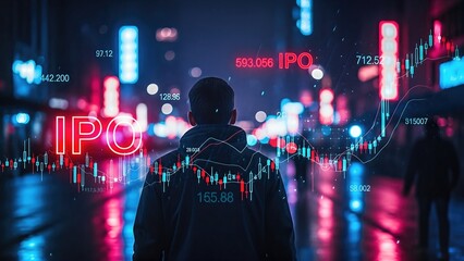 Individual standing in urban setting at night, illuminated by neon lights, observing stock market trends and IPO data, reflecting investment opportunities and financial growth