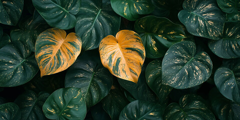 Top view of lush tropical monstera leaves background, deep emerald green foliage with golden variegated leaves, luxury botanical pattern. Perfect for luxury branding, nature-themed designs, wallpapers