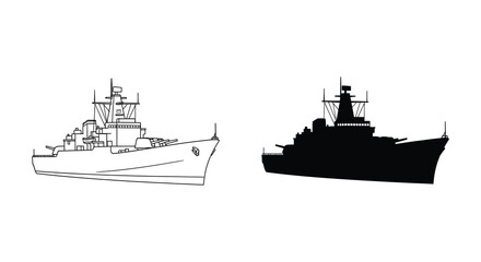 Detailed depiction of naval warships a line drawing and its corresponding dark silhouette © Bsicon02