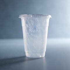 Clear plastic cup with lid on gray surface in studio lighting