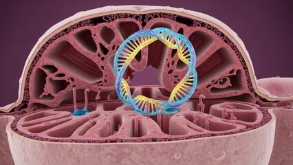 Inner ear cochlea showing sensory hair cells and DNA helix structure. Genetic research into hearing, audiology science and medicine.