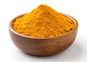 Bright yellow turmeric powder heap in a small wooden bowl, spice isolated on transparent background